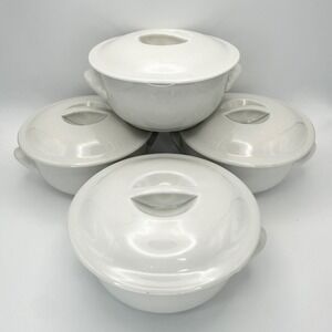 Pillivuyt France Culinaire White Porcelain Lidded Soup Bowls Handle Set of 4in